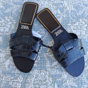 💄Zara Leather Black Slide Sandals NEW US 9 EUR 40